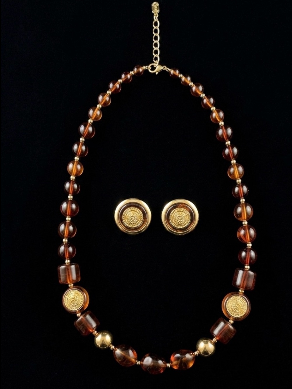#212 Vintage Liz Claiborne Gold-tone Tortoise Lucite Necklace & Earrings Set